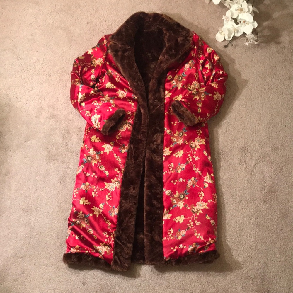 Brown furry long jacket reversible w/ flower print
